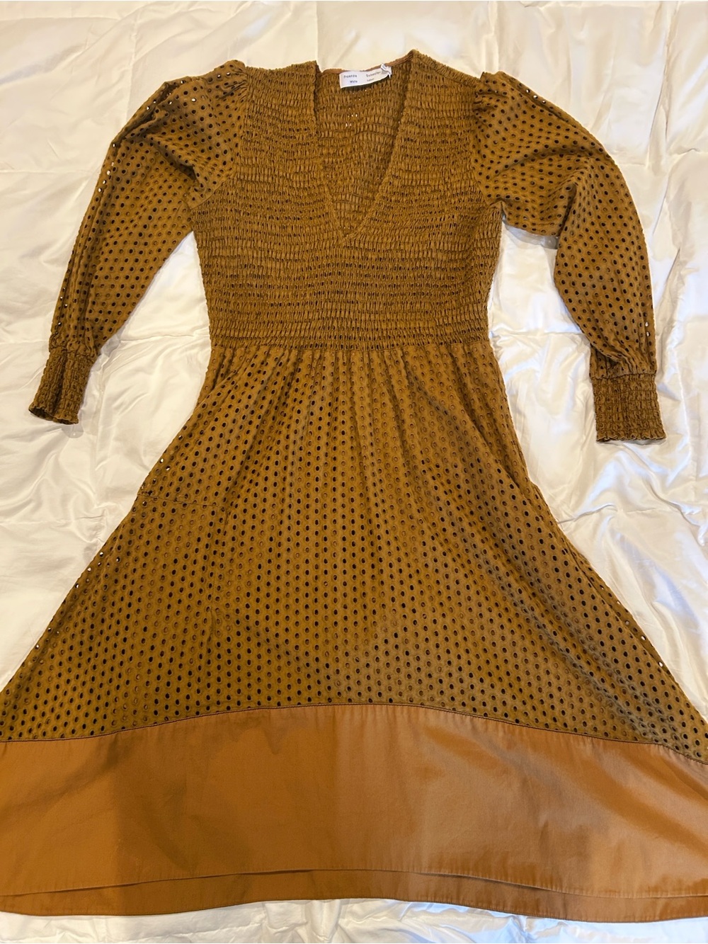 Proenza Schouler Mustard Polka Dot Smocked V-Neck Long Sleeve Midi Dress